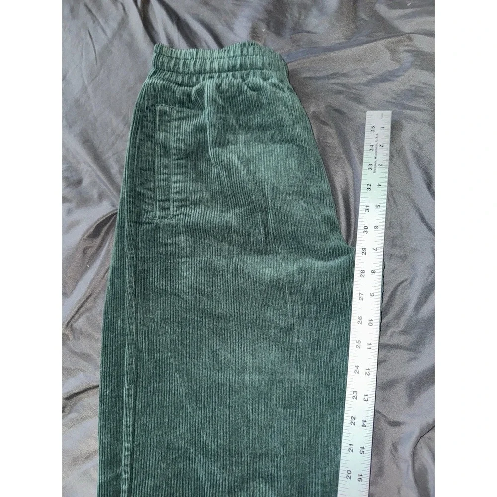 Krooked Mens Baggy Fit Drawstring Corduroy Pants‎ Dark Green Embroidered Sz M